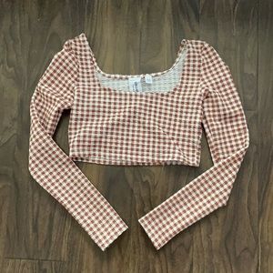 3/$15 Brown Gingham Collusion Long Sleeve Crop Top